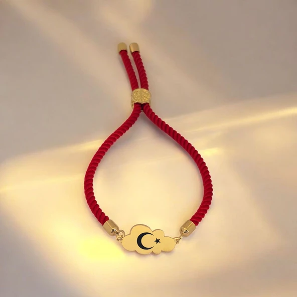 Sembole Özel Kırmızı Örgü İpli 14 Ayar Altın Plakalı Bulut Figürlü Hediye Bileklik-406 ürün görseli