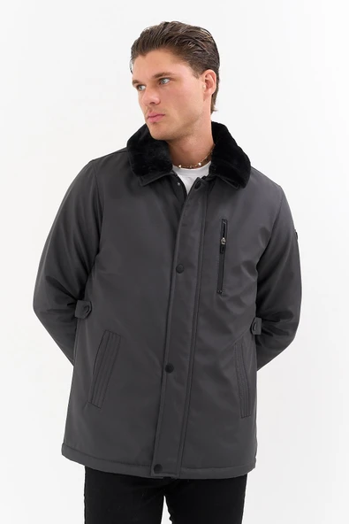 Erkek Gri Yakası Çıkartılabilir Kürklü Su İtici İçi Kürklü Kaban – Rüzgar Geçirmez, Hafif ve Dayanıklı - 4