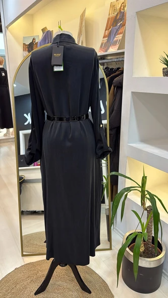 Nuss kemer ve citcit detayli ipek elbise 2002 siyah - 5