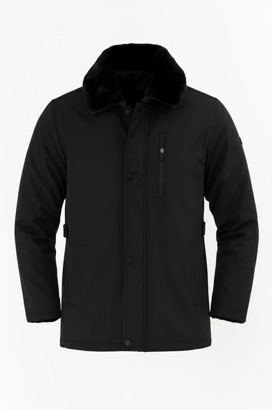 Erkek Siyah Yakası Çıkartılabilir Kürklü Su İtici İçi Kürklü Kaban – Rüzgar Geçirmez, Hafif ve Dayanıklı