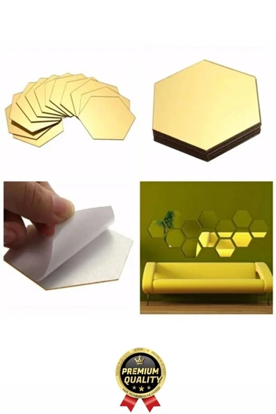 Yeni Seri Modern Şık Tasarım Dekoratif Altıgen Ev Ofis Duvar Dolap Yapışkanlı Gold Ayna Seti 12 Adet - 5