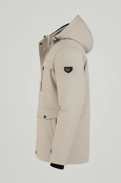 Erkek Krem Pamuk Polyester Karışımlı Kürklü Çıkartılabilir Kapüşonlu Mont&Kaban - Resim 3