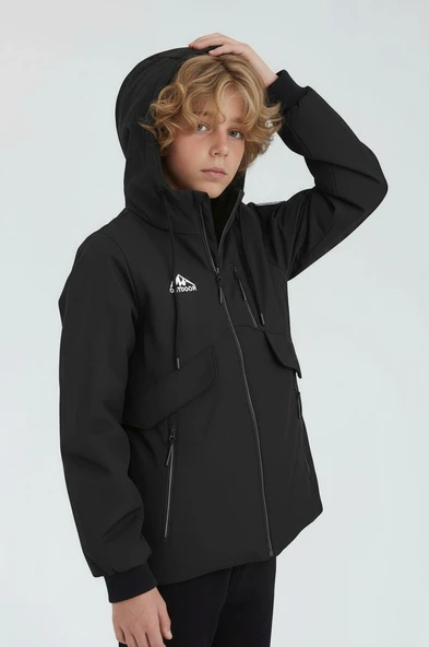Erkek Çocuk Siyah Outdoor Su İtici Kapüşonlu Kaban – Rüzgar Geçirmez, Hafif ve Dayanıklı - 5