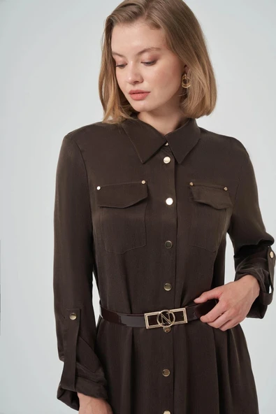 Nuss kemer ve citcit detayli ipek elbise 2002 kahve - Resim 5