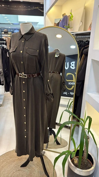 Nuss kemer ve citcit detayli ipek elbise 2002 kahve - Resim 9