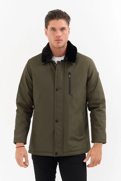 Erkek Yeşil Yakası Çıkartılabilir Kürklü Su İtici İçi Kürklü Kaban – Rüzgar Geçirmez, Hafif ve Dayanıklı