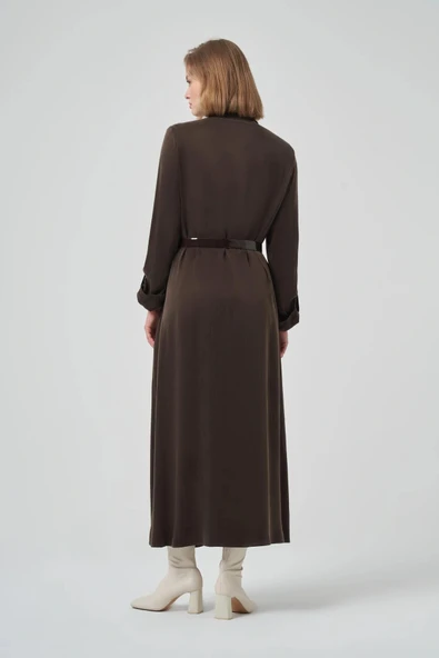 Nuss kemer ve citcit detayli ipek elbise 2002 kahve - Resim 2