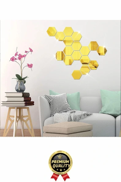 Yeni Seri Modern Şık Tasarım Dekoratif Altıgen Ev Ofis Duvar Dolap Yapışkanlı Gold Ayna Seti 12 Adet - 2