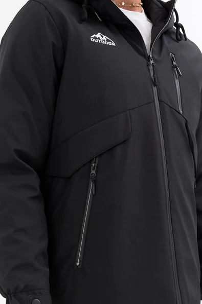 Erkek Siyah Outdoor Su İtici Kapüşonlu Kaban – Rüzgar Geçirmez, Hafif ve Dayanıklı - Resim 4
