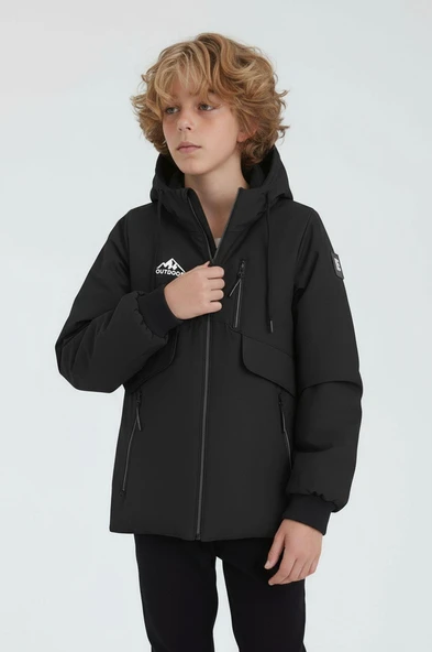Erkek Çocuk Siyah Outdoor Su İtici Kapüşonlu Kaban – Rüzgar Geçirmez, Hafif ve Dayanıklı - 2