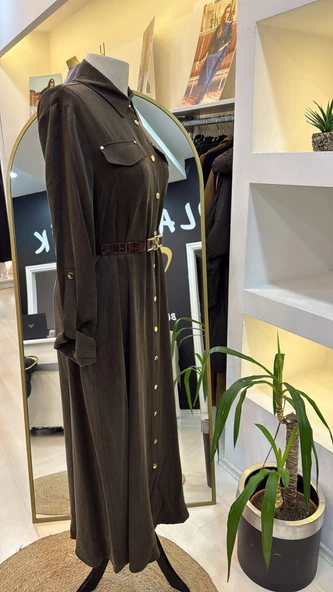 Nuss kemer ve citcit detayli ipek elbise 2002 kahve - Resim 11