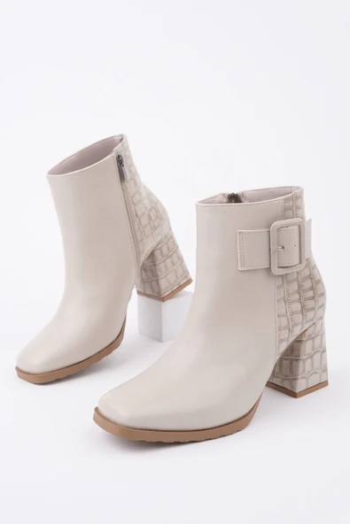 Muggo CANDORA Sivri Burun Kroko Desenli Toka Detaylı Kalın Topuklu Fermuarlı Kadın Bot - 9