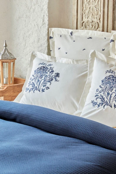 Karaca Home Fioris Çift Kişilik Nakışlı Pike Seti Mavi - Resim 7