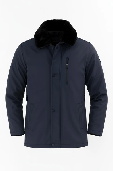 Erkek Lacivert Yakası Çıkartılabilir Kürklü Su İtici İçi Kürklü Kaban – Rüzgar Geçirmez, Hafif ve Dayanıklı