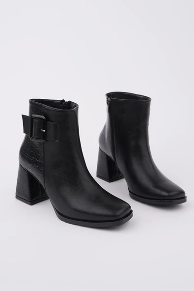 Muggo CANDORA Sivri Burun Kroko Desenli Toka Detaylı Kalın Topuklu Fermuarlı Kadın Bot - 5