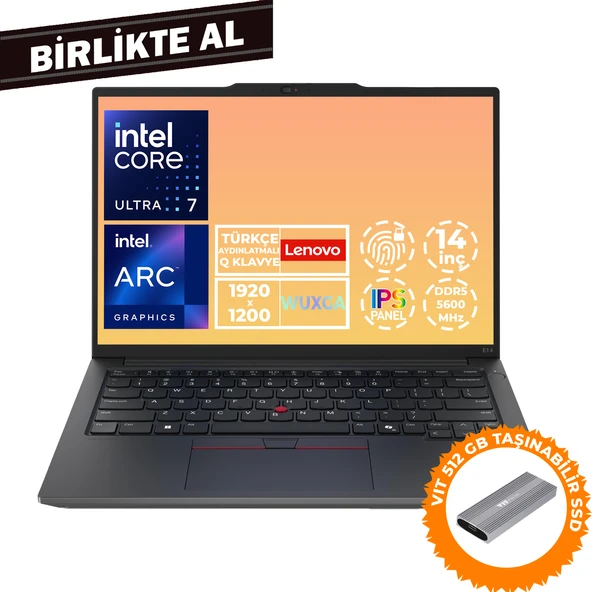 Lenovo ThinkPad E14 G6 U7 155H 32GB 512GB SSD 14" WUXGA Fdos Laptop + VIT 512 GB SSD 21M7006LTX 043 ürün görseli 1