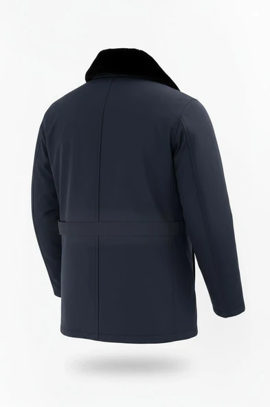 Erkek Lacivert Yakası Çıkartılabilir Kürklü Su İtici İçi Kürklü Kaban – Rüzgar Geçirmez, Hafif ve Dayanıklı - 4