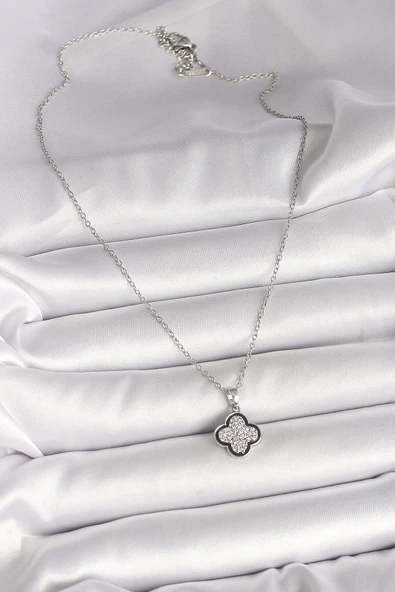 316L Çelik Gümüş Renk Zincir Zirkon Taşlı Yonca Model Kadın Kolye - Resim 2