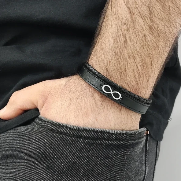 Erkekler İçin Sonsuzluk Motifli Hakiki Siyah Derili 925 Ayar Gümüş Plakalı Hediye Bileklik-407 ürün görseli
