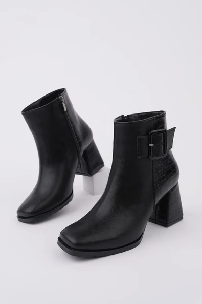 Muggo CANDORA Sivri Burun Kroko Desenli Toka Detaylı Kalın Topuklu Fermuarlı Kadın Bot - 6