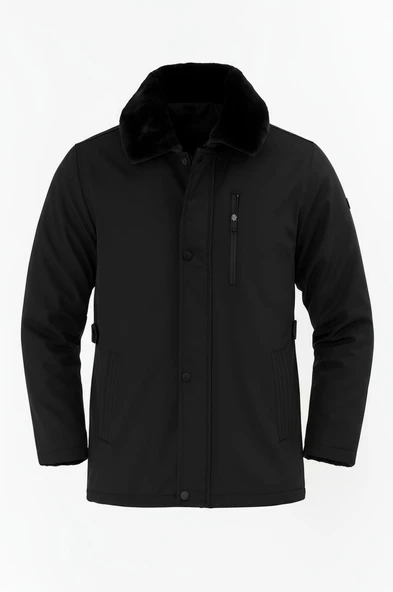 Erkek Siyah Yakası Çıkartılabilir Kürklü Su İtici İçi Kürklü Kaban – Rüzgar Geçirmez, Hafif ve Dayanıklı