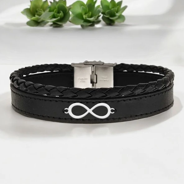 Erkekler İçin Sonsuzluk Motifli Hakiki Siyah Derili 925 Ayar Gümüş Plakalı Hediye Bileklik-407 - Resim 2
