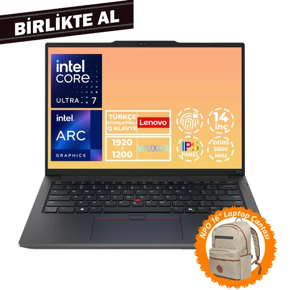 Lenovo ThinkPad E14 G6 U7 155H 16GB 1TB SSD 14" WUXGA W11P Laptop + Çanta 21M7006LTX 050 ürün görseli 1