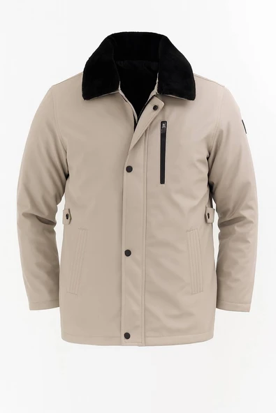 Erkek Krem Yakası Çıkartılabilir Kürklü Su İtici İçi Kürklü Kaban – Rüzgar Geçirmez, Hafif ve Dayanıklı
