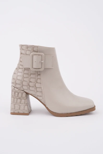 Muggo CANDORA Sivri Burun Kroko Desenli Toka Detaylı Kalın Topuklu Fermuarlı Kadın Bot - 8
