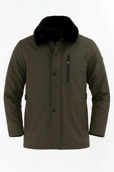 Erkek Yeşil Yakası Çıkartılabilir Kürklü Su İtici İçi Kürklü Kaban – Rüzgar Geçirmez, Hafif ve Dayanıklı