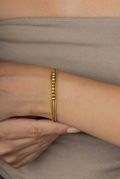 Gümüş Pazarım Üçlü Top Zincir Altın Kaplama Çelik Kadın Bileklik - Resim 3