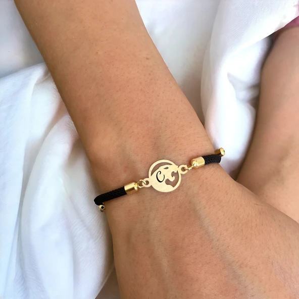 Harfe Özel 14 Ayar Altın Plakalı Aslan Motifli Siyah İpek Örgülü Hediye Bileklik-411 - Resim 2