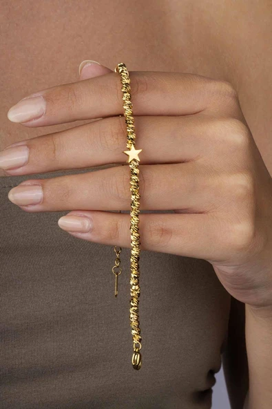 Gümüş Pazarım Yıldız Figürlü Altın Kaplama Çelik Dorika Kadın Bileklik - Resim 2