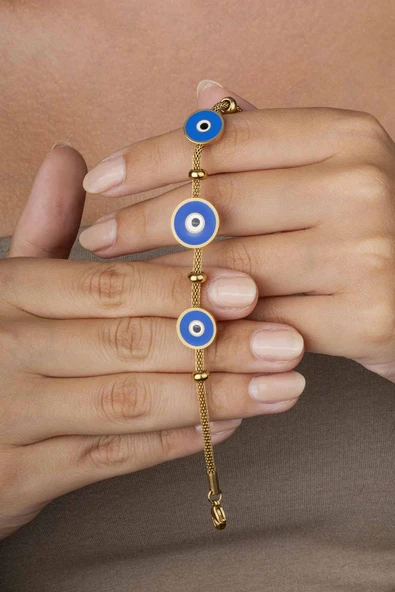 Gümüş Pazarım Üçlü Mavi Göz Figürlü Altın Kaplama Çelik Kadın Bileklik - Resim 2