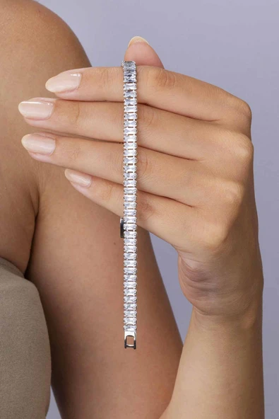 Gümüş Pazarım Dikdörtgen Kesim Baget Taşlı Beyaz Altın Kaplama Çelik Kadın Su Yolu Bileklik - Resim 2