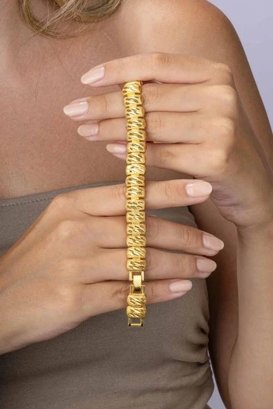 Gümüş Pazarım Sıralı Dikdörtgen Kesim Altın Kaplama Çelik Kadın Bileklik - Resim 2