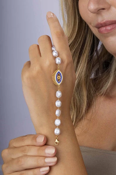 Gümüş Pazarım Altın Kaplama Beyaz İnci Geçişli Göz Figürlü Altın Kaplama Çelik Kadın Bileklik - 2