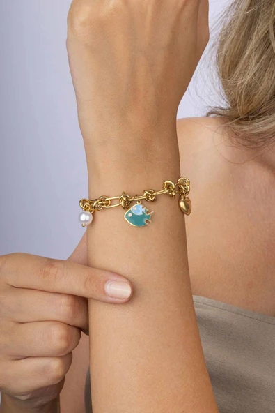 Gümüş Pazarım Balık İnci Kalp Figürlü Altın Kaplama Çelik Kadın Charm Bileklik ürün görseli 1