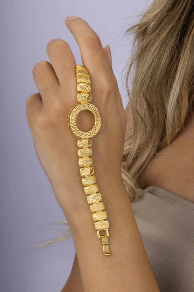 Gümüş Pazarım Yarım Altın Koymak İçin Motifli Dikdörtgen Altın Kaplama Çelik Kadın Bileklik - 3