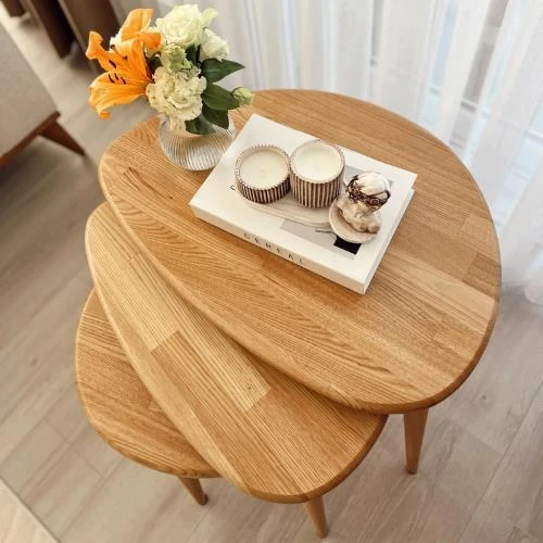 "3'lü Zigon Sehpa - Masif Meşe Doğal Ahşap Sehpa Takımı - 3