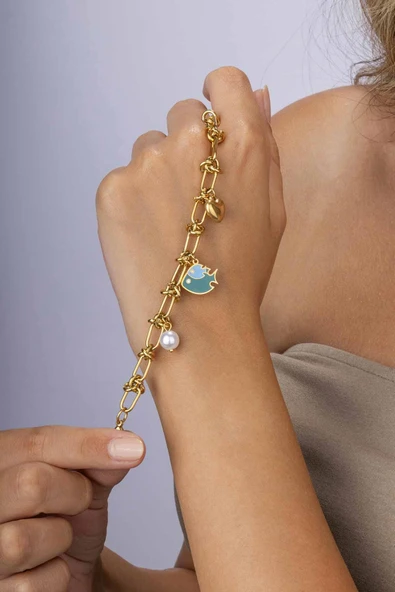 Gümüş Pazarım Balık İnci Kalp Figürlü Altın Kaplama Çelik Kadın Charm Bileklik - Resim 2