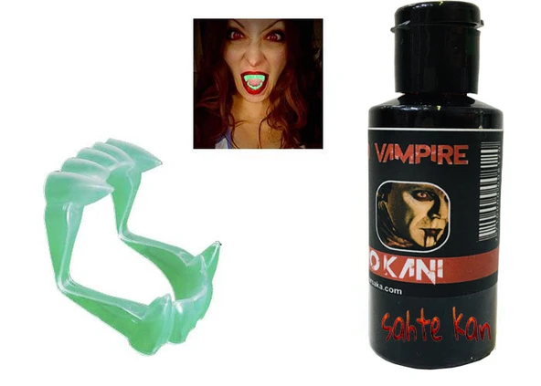 Periboia Fosforlu Çift Damak Takma Vampir Dişi ve 50 gr Tiyatro Kanı Set ürün görseli 1