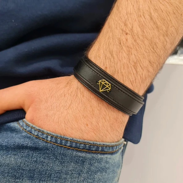 Elmas Motifli Erkeklere Özel Hakiki Siyah Derili 14 Ayar Altın Plakalı Hediye Bileklik-410 - Resim 2