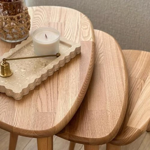 "3'lü Zigon Sehpa - Masif Meşe Doğal Ahşap Sehpa Takımı - 2