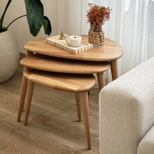 "3'lü Zigon Sehpa - Masif Meşe Doğal Ahşap Sehpa Takımı