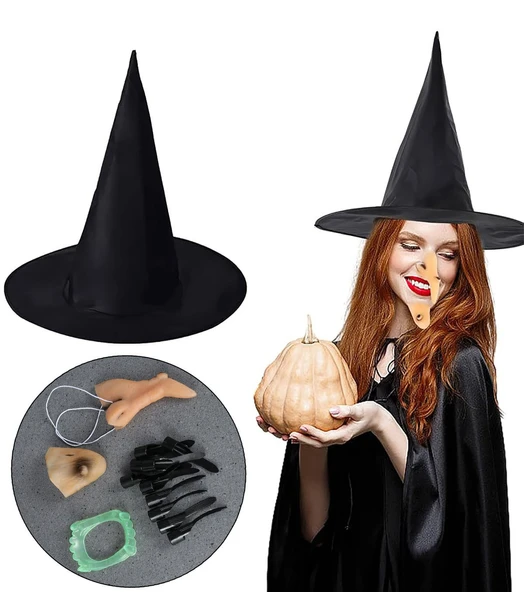Periboia Cadı Kostüm Seti - Cadı Şapkası, Cadı Tırnakları, Cadı Burnu, Cadı Çenesi, Cadı Dişi