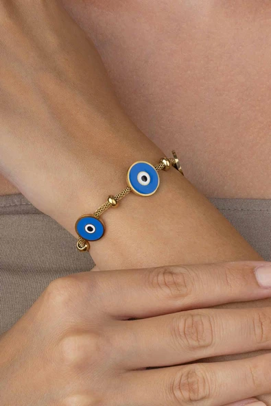 Gümüş Pazarım Üçlü Mavi Göz Figürlü Altın Kaplama Çelik Kadın Bileklik ürün görseli 1