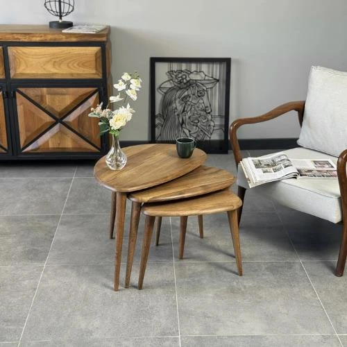 "3'lü Zigon Sehpa - Masif Meşe Doğal Ahşap Sehpa Takımı - 6