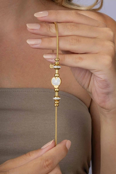 Gümüş Pazarım Zirkon Taşlı Silindir Zincir Altın Kaplama Kadın Çelik Bileklik ürün görseli 1