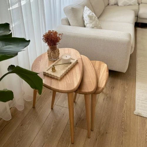 "3'lü Zigon Sehpa - Masif Meşe Doğal Ahşap Sehpa Takımı - 4